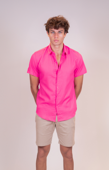 Camisa linho manga curta pink