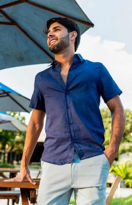 CAMISA LINHO M/C AZUL NAVY