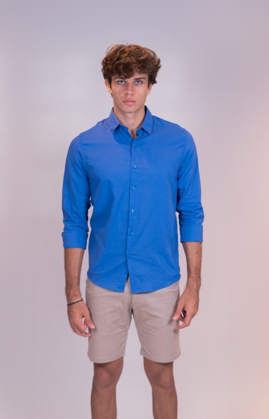 Camisa linho manga longa azul escuro